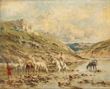  Huguet Oil Painting - Cavaliers traversant un oued Victor Huguet Araber